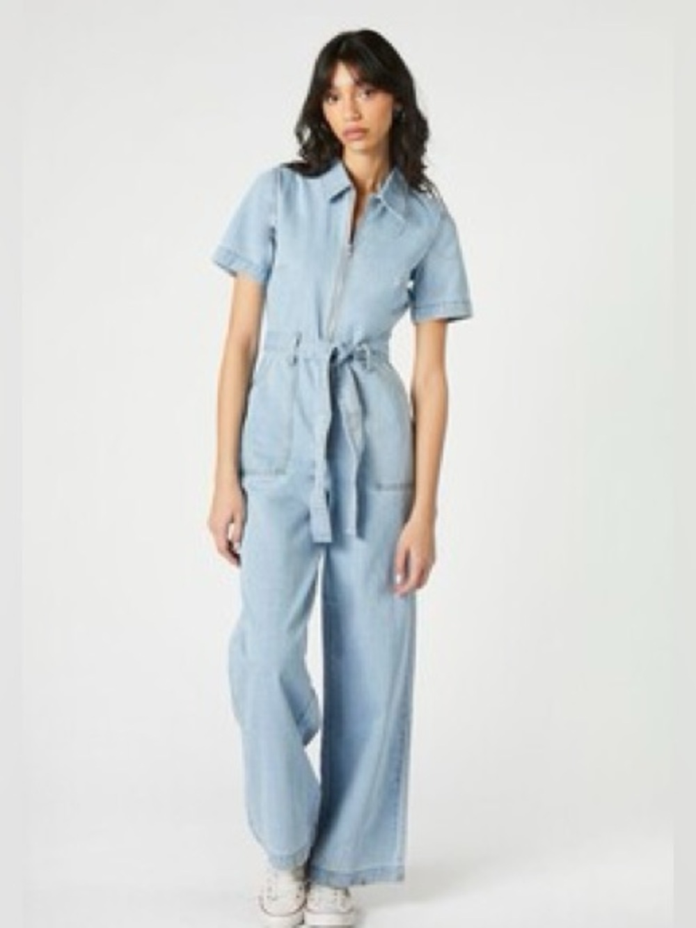 Forever 21 Denim Light Wash Front Zip Belt Tie Wide Leg Jumpsuit